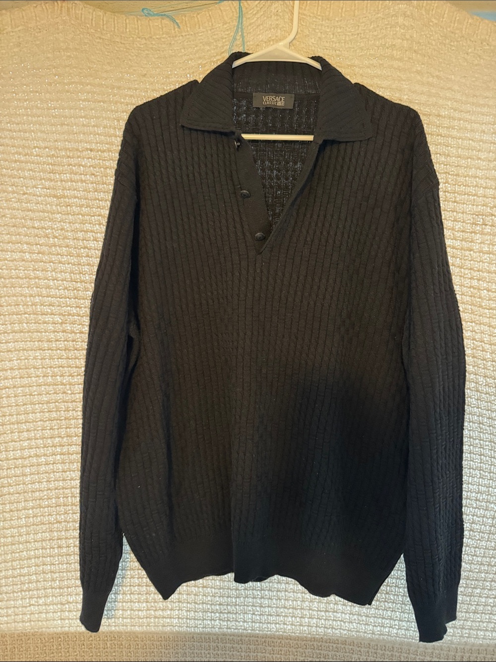 Versace Classic V2 Black Ribbed V-Neck Polo Sweater
